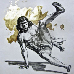 Cosmo Sarson - Breakdancing Christ - 2013 - Charcoal and Gold Leaf on Paper - 50 cm x 34 cm - 20 inch x 13 inch - Ministry of Walls Street Art Gallery - The Urban Art Broker - Shop
