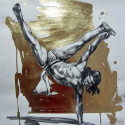 Cosmo Sarson - Breakdance Christ - 2013 - Charcoal and Gold Leaf on Paper - 54 cm x 40 cm - 21 inch x 16 inch - Ministry of Walls Street Art Gallery - The Urban Art Broker - Shop