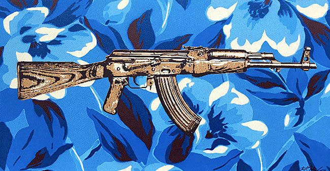 ARTIST: Tankpetrol  YEAR: 2014  TITLE: AK47 – Kalashnikov blue 94  MEDIUM: Spraypaint on canvas  SIZE: 50cm x 100cm (19,69×36,37 inch.))  SIGNED: yes  FRAMED: yes  COA: yes