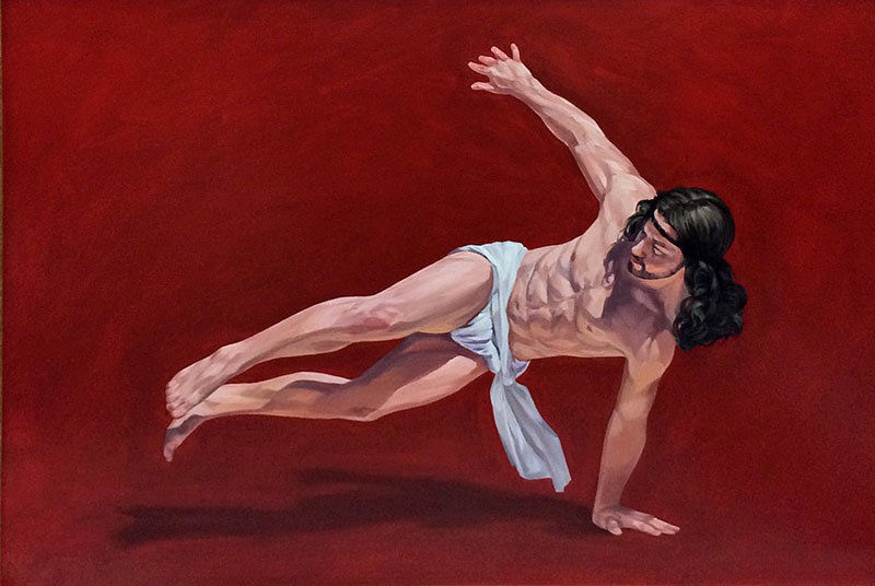 Cosmo Sarson - Breakdancing Jesus (Red) - 2015 - Oil Paint on MDF Board - 86 cm x 122 cm - 34 inch x 48 inch - Ministry of Walls Street Art Gallery - The Urban Art Broker - Shop