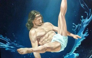 Cosmo Sarson - Breakdancing Jesus on Water (Blue) - 2015 - Oil on Canvas - 122 cm x 90 cm - 48 inch x 35 inch - Ministry of Walls Street Art Gallery - The Urban Art Broker - Shop