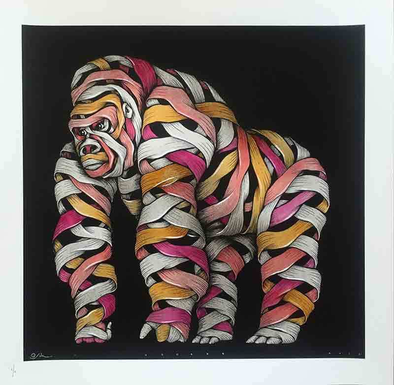 Otto Schade - Gorilla male grey spray yellow-red-pink - 2016 - 54cm x 54cm - 1/1 Hand finished screen print Somerset paper 300 grs - Ministry of Walls Street Art Gallery Shop