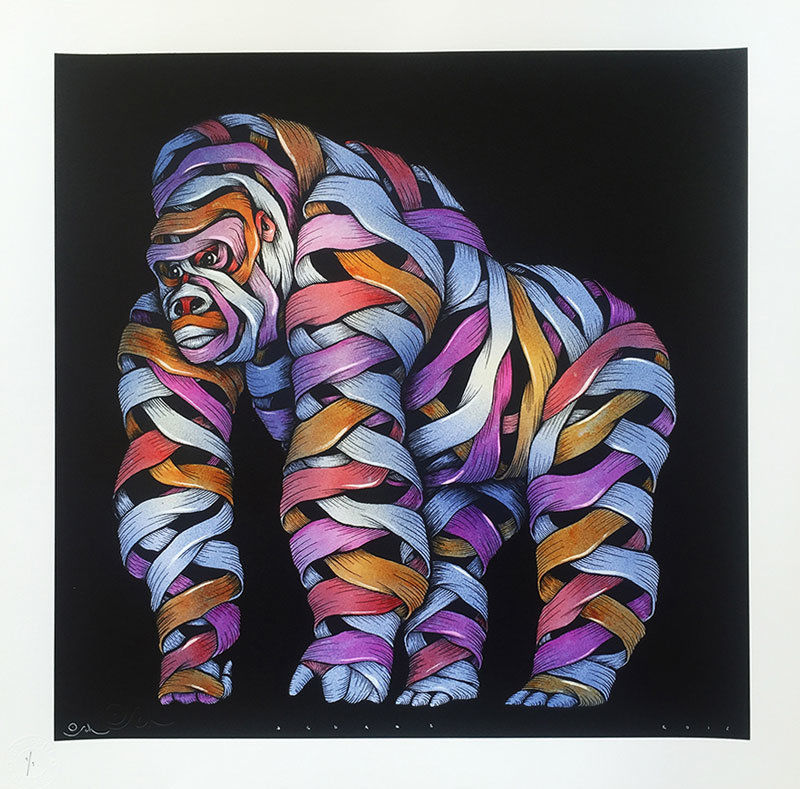 Otto Schade - Gorilla male blue spray yellow-red-pink - 2016 - 54cm x 54cm - 1/1 Hand finished screen print Somerset paper 300 grs - Ministry of Walls Street Art Gallery Shop