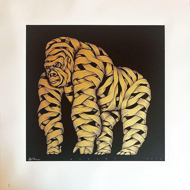 Otto Schade Gorilla-Gold-2016-Edition: 10 screenprint-somersetpaper300-grs-67cmx65cm-26,38x25.59inch-Ministry of Walls Street Art Galerie - The Urban Art Broker