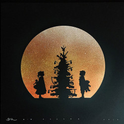 Otto Schade - Peace and Love - 2016 - stencil spray paint on card paper - 76x76cm - 30x30 inch - on black gold-yellow-orange-splashed-and-glittered Ministry of-Walls Streetart Gallery - Shop -The Urban Art Broker