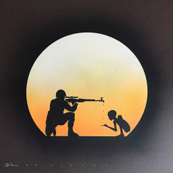 Otto Schade - Senseless grey - 2016 - stencil spray paint on card paper - 76x76cm - 30x30 inch - on grey yellow-orange-silver-glittered Ministry of-Walls Streetart Gallery - Shop -The Urban Art Broker