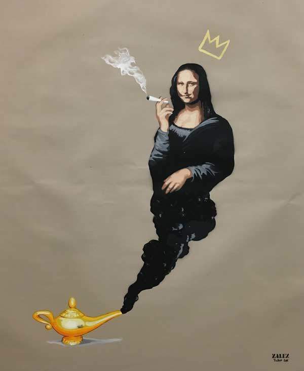Zalez - Smoking Mona Lisa - 2016 acylics on canvas - 99x80cm - 37x32 inch - Edition1 - Ministry of Walls Street Art Gallery - The Urban Art Broker shop