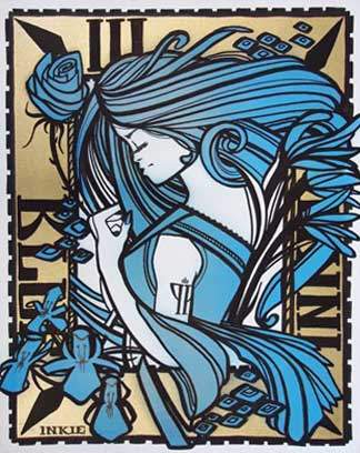 Inkie - Ink Nouveau Blue - 2015 - Spraypaint and Acrylics on Canvas - 50 cm x 40 cm - 20 inch x 16 inch - Ministry of Walls Street Art Gallery - The Urban Art Broker - Shop