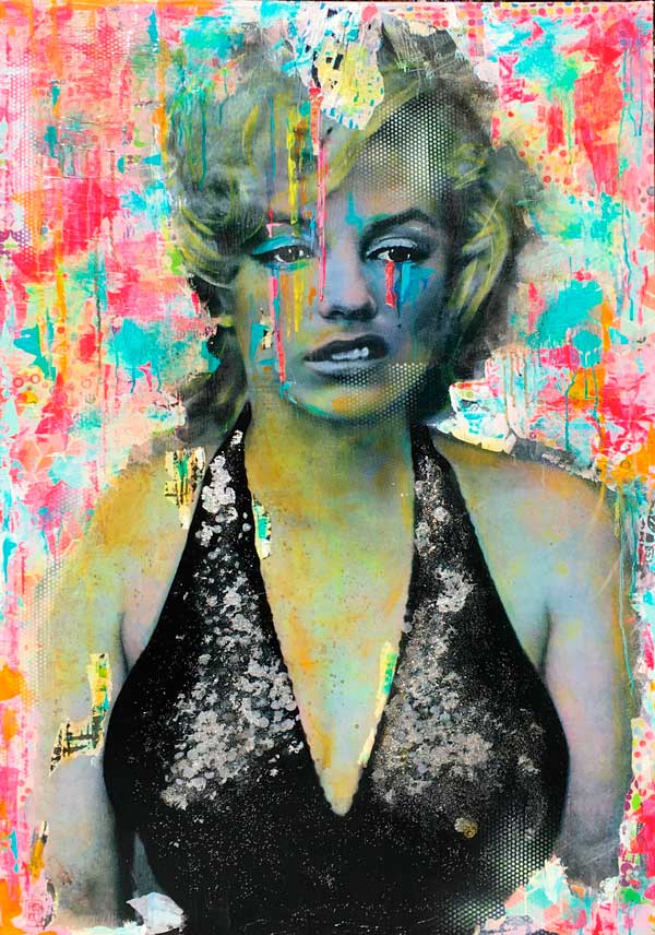 Marilyn Pookky - Talking to me - 2017 - collage silverleef spraypaint acrylics on canvas - 88,5cm x 130cm - 34x51 inch - Edition1 - Marilyn Monroe - Ministry of Walls Streetart Gallery - The Urban Art Broker - shop