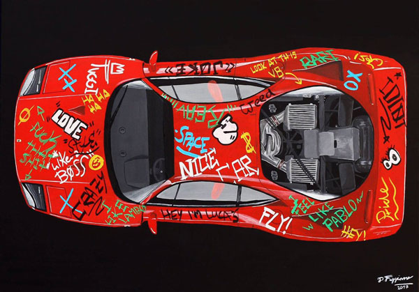 Fuggi - Ferrari F40 - 2017 - Oil and Tag Marker on Canvas - 70 cm x 100 cm - 28 inch x 39 inch - Ministry of Walls Street Art Gallery - The Urban Art Broker - Shop