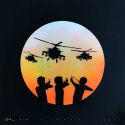 Otto Schade - David vs. Goliath (White, Orange) - 2017 - Stencil Spray Paint on Paper - 60 cm x 60 cm - 24 inch x 24 inch - Ministry of Walls Street Art Gallery - The Urban Art Broker - Shop