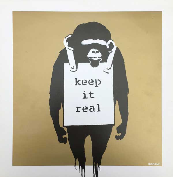 Banksy - Keep it Real (Gold) - 2008 - Print on Card - 31 cm x 31 cm - 12 inch x 12 inch - Ministry of Walls Street Art Gallery - The Urban Art Broker - Shop