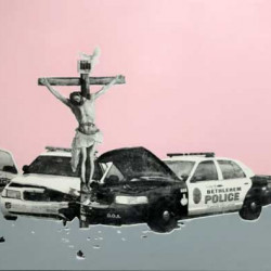 ARMX - Police Jesus - 2017 - Acrylspray and Ink on Wood - 80 cm x 120 cm - 32 inch x 47 inch - Ministry of Walls Street Art Gallery - The Urban Art Broker - Shop