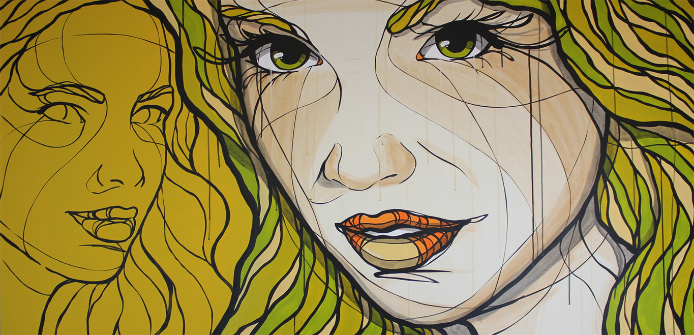 El Bocho - Two Face - Green - 2017 - Acrylics on Canvas - 200 cm x 100 cm - 79 inch x 39 inch - Ministry of Walls Street Art Gallery - The Urban Art Broker - Shop