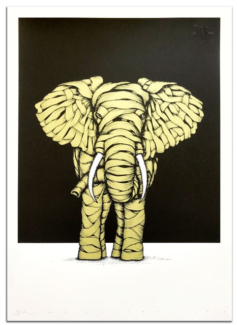 Otto Schade - Ribboned Elephant (Gold) - 2018 - Screen Print on Paper - 59 cm x 42 cm - 23 inch x 17 inch - Ministry of Walls Street Art Gallery - The Urban Art Broker - Shop