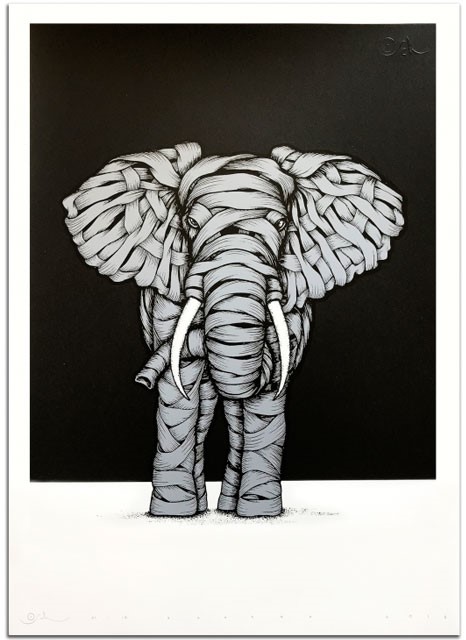 Otto Schade - Ribboned Elephant (Grey) - 2018 - Screen Print on Paper - 59 cm x 42 cm - 23 inch x 17 inch - Ministry of Walls Street Art Gallery - The Urban Art Broker - Shop
