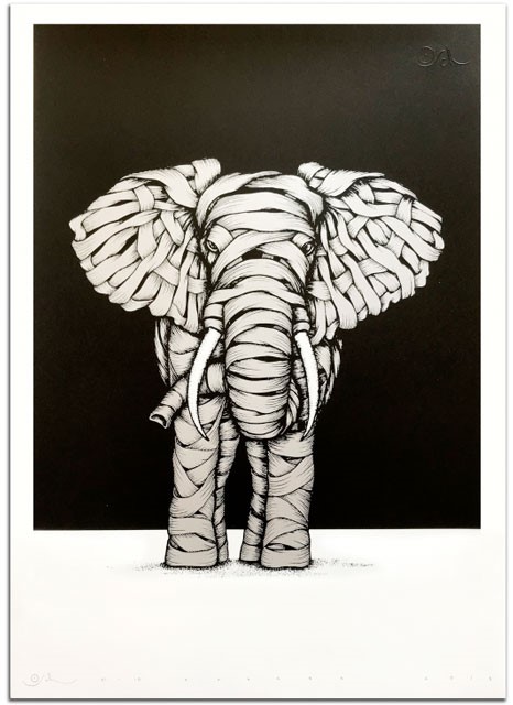 Otto Schade - Ribboned Elephant (Silver) - 2018 - Screen Print on Paper - 59 cm x 42 cm - 23 inch x 17 inch - Ministry of Walls Street Art Gallery - The Urban Art Broker - Shop